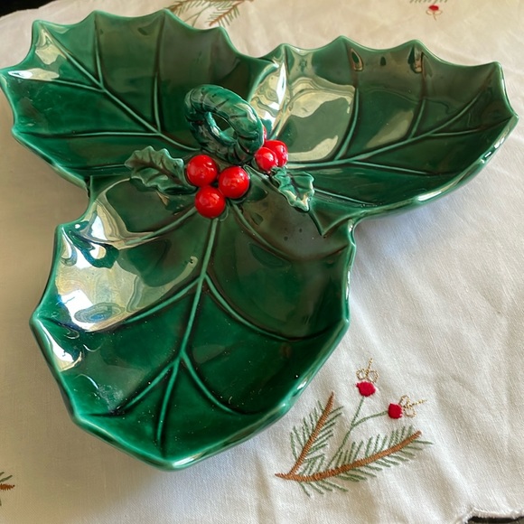 Vintage beautiful Lefton China #1351 Japan handled divided holly berry dish - Picture 1 of 8